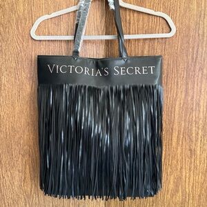 Victoria’s Secret Limited Edition Black Faux Leather Fringed Tote Bag NWT Travel